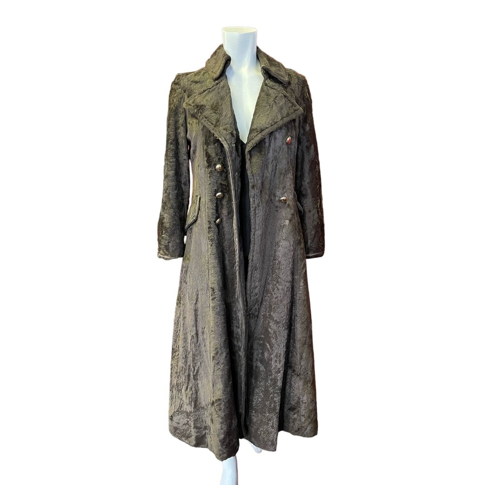 Vintage 70s Faux Fur Full Length Brown Trench Coat Size S Grunge Retro Steampunk